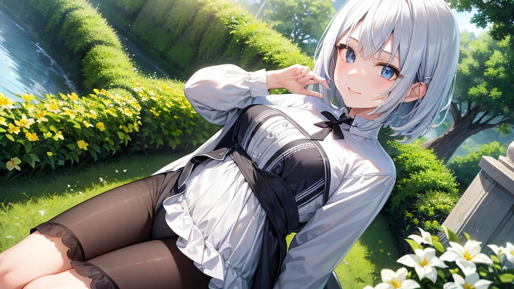 Ultra HD,Look at the viewers, Put your hands behind your back, With a girl, 20-year-old, 非常にShort Hair, Long bangs between the eyes, Pale blue eyes, Very detailed,(masterpiece、Highest quality),Gray Hair、Laughter、Fantastic, Silver Hair, Iris, Short hair、 Fluttering Hair、Small Face、明るいsmile、(Detailed face) ,Professional Lighting,Wonderful landscape,blue sky, sunlight,Looking down from above,Portraiture、Open your mouth、Flower Field、Her eyes were shining、Mysterious and enchanting atmosphere。With AI Painting、とてもShort Hair, Long bangs between the eyes, Very detailed,(masterpiece、Highest quality)、alone、Gray Hair、Fantasy, Silver Hair, Fantasyな風景、White shirt、smile、Open your mouth、short hair、Short Hair、hairpin、black eye、Grey Eyes、Beautiful Eyes、