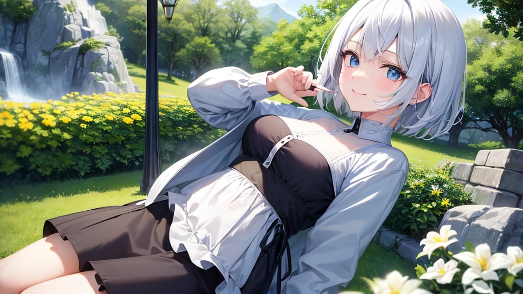 Ultra HD,Look at the viewers, Put your hands behind your back, With a girl, 20-year-old, 非常にShort Hair, Long bangs between the eyes, Pale blue eyes,  Very detailed,(masterpiece、Highest quality),Gray Hair、Laughter、Fantastic, Silver Hair, Iris,  Short hair、 Fluttering Hair、Small Face、明るいsmile、(Detailed face) ,Professional Lighting,Wonderful landscape,blue sky, sunlight,Looking down from above,Portraiture、Open your mouth、Flower Field、Her eyes were shining、Mysterious and enchanting atmosphere。With AI Painting、とてもShort Hair, Long bangs between the eyes, Very detailed,(masterpiece、Highest quality)、alone、Gray Hair、Fantasy, Silver Hair, Fantasyな風景、White shirt、smile、Open your mouth、short hair、Short Hair、hairpin、black eye、Grey Eyes、Beautiful Eyes、