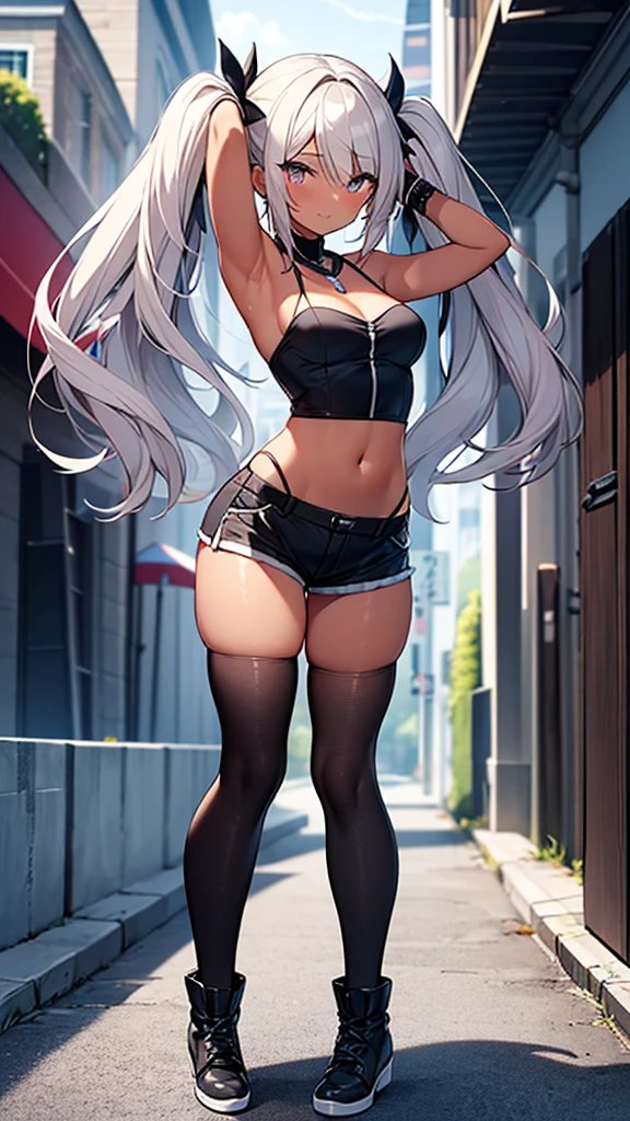masterpiece, best quality, ultra detailed, 1girl, dark skin, twin tails, thighhighs, (micro short shorts), tube top, full body, street, medium breasts, armpit,