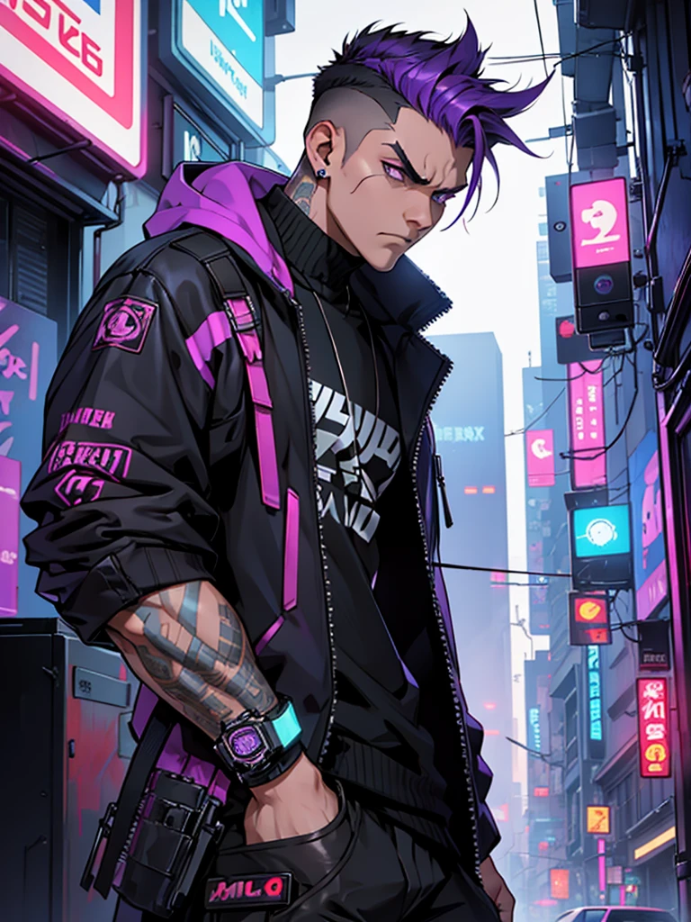 Boy;  short hair; undercut; black ans purple hair; smokes; looks pissed; cyberpunk