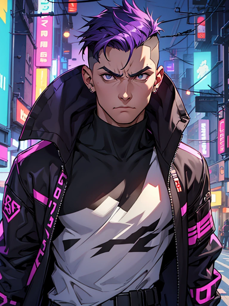 Boy;  short hair; undercut; black ans purple hair; smokes; looks pissed; cyberpunk