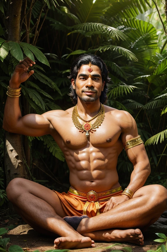 "A highly detailed and vibrant 2D illustration of Hanuman Ji, the Hindu deity, in a meditative pose. Hanuman Ji is depicted sitting cross-legged in a lush green forest, surrounded by trees and plants. He is wearing traditional orange attire, adorned with gold jewelry and a sacred thread across his chest. His face exudes calmness and divinity, with a gentle smile. The background includes rays of sunlight filtering through the trees, creating a serene and spiritual atmosphere."