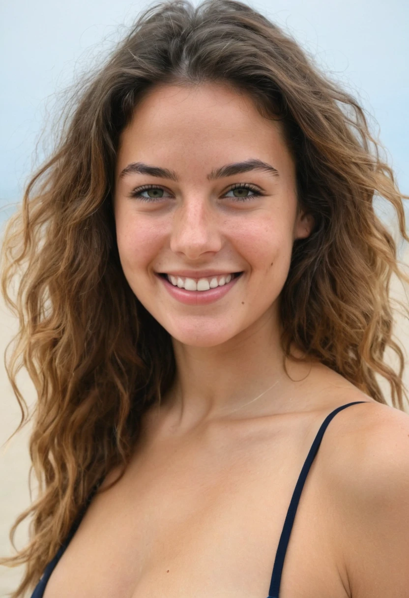 une femme magnifique de 23 ans , léger sourire , visage et yeux détaillés , Éclairage naturel , à la maison , cheveux bouclés, porter un costume ajusté, grain de film, faible contraste, visage naturel , barbe, cheveux noirs , yeux verts grosse fesses,gros seins en bikini à la plage