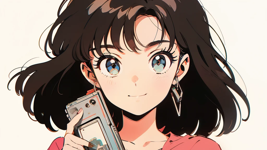 Anime-style illustration of a girl holding a cassette tape. The background is simple、The focus is on the girl and the cassette tape.. The girl has big eyes, Brown Hair, Wearing casual clothes. The cassette tape is labeled in red ``1980...''. The girl is smiling and holding the cassette in front of her face.