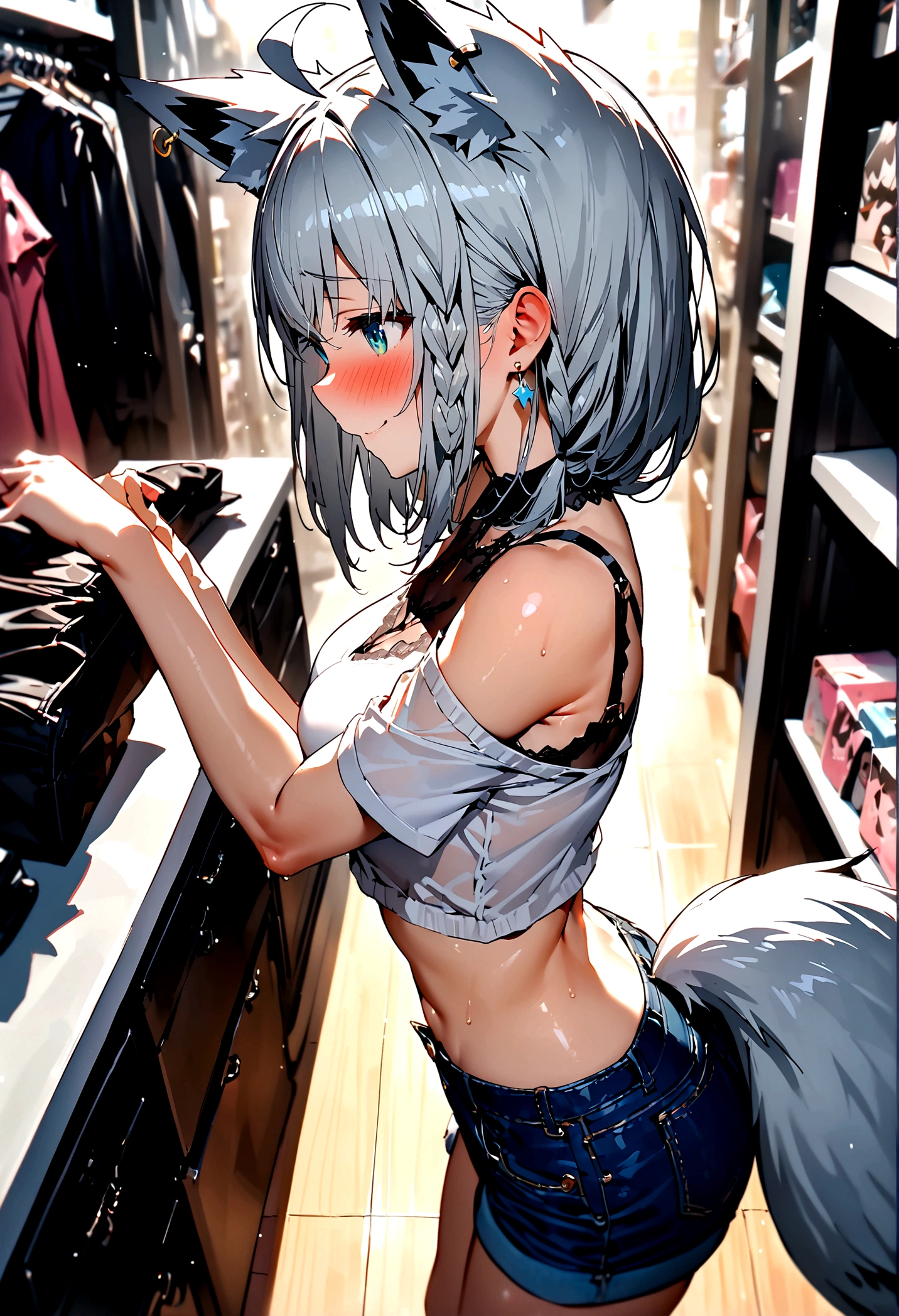 NSFW,masterpiece,Highest quality,High resolution,Super detailed,Shirakami Fubuki\(Hololive\),Gray Hair、One-sided braid、Ahoge、Earrings,Fox ears,Fox tail,Crop top shirt,Sleeveless,Embarrassed,blush,Expecting face,(Ecstasy face),(Adult Shop),(Underwear section),(Naughty shop),Cute pose,Date,(Seduce),(Middle-aged men),(Having sex),Insert your dick,Creampie,(Squirting),(rape),(rape),Leg spread