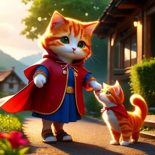 "In a small village surrounded by a dense forest, an orange cat named Little Red Riding Hood receives a red cape from her grandmother. The young cat stands in front of her cozy cottage, excitedly wearing her new cape. The grandmother, another orange cat with a kind and gentle expression, watches her with love and pride. The village is peaceful, with quaint houses and blooming flowers, while the forest in the background adds a touch of mystery to the scene."