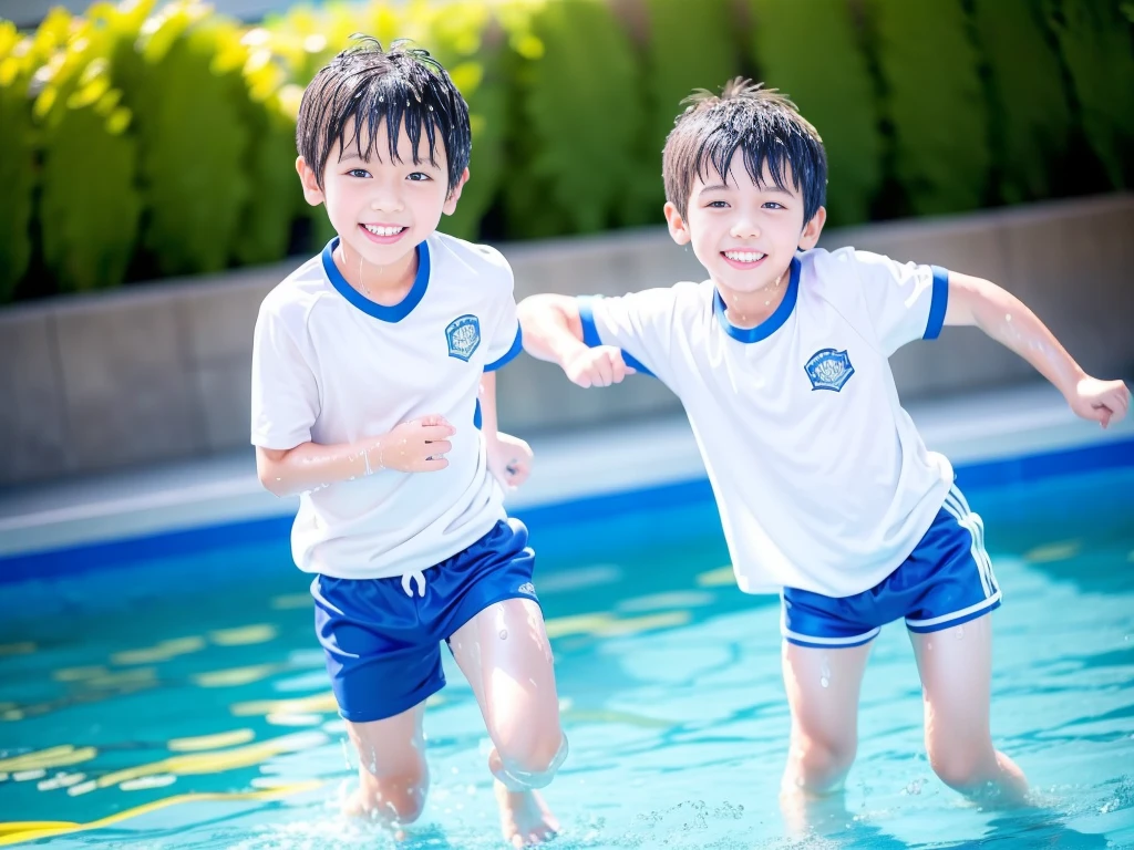 hot summer、、Summer swimming pool、Fun every day、Get wet all over、Japan Boy、Glowing water splashes、Pool lessons、Boy playing in water、The happy boys、Strong sunlight、Short sleeve gym uniform、Blue shorts、barefoot,Boys only 、10age、high resolution、masterpiece