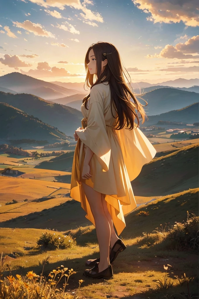 (8K Wallpaper, .Primitive, Photorealistic: 1.25) presents a breathtaking scene of a single girl standing atop a hill, effortlessly capturing the essence of nature's grandeur. The ultra-high resolution image invites viewers to delve into the intricate details of her silhouette, as she is enveloped by the soft glow of the sunrise. The depth of field masterfully highlights the girl and the golden clouds surrounding her, while the color difference adds a vibrant touch to the serene morning scene. Caustics and special light effects elegantly cast a warm, ethereal glow across the landscape, creating a photorealistic image that transports