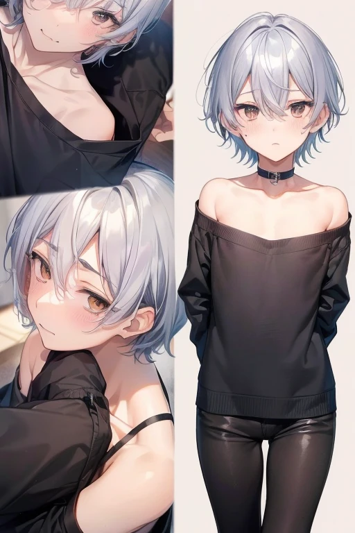 Kimishima Ikuto、、（1:boy)、(Hairstyle:Silver short hair,Silver Hair)、Slanted Eyes、Brown eyes、完璧な解剖学一人のboy、Thin and flat chest、(face:Surprised expression）