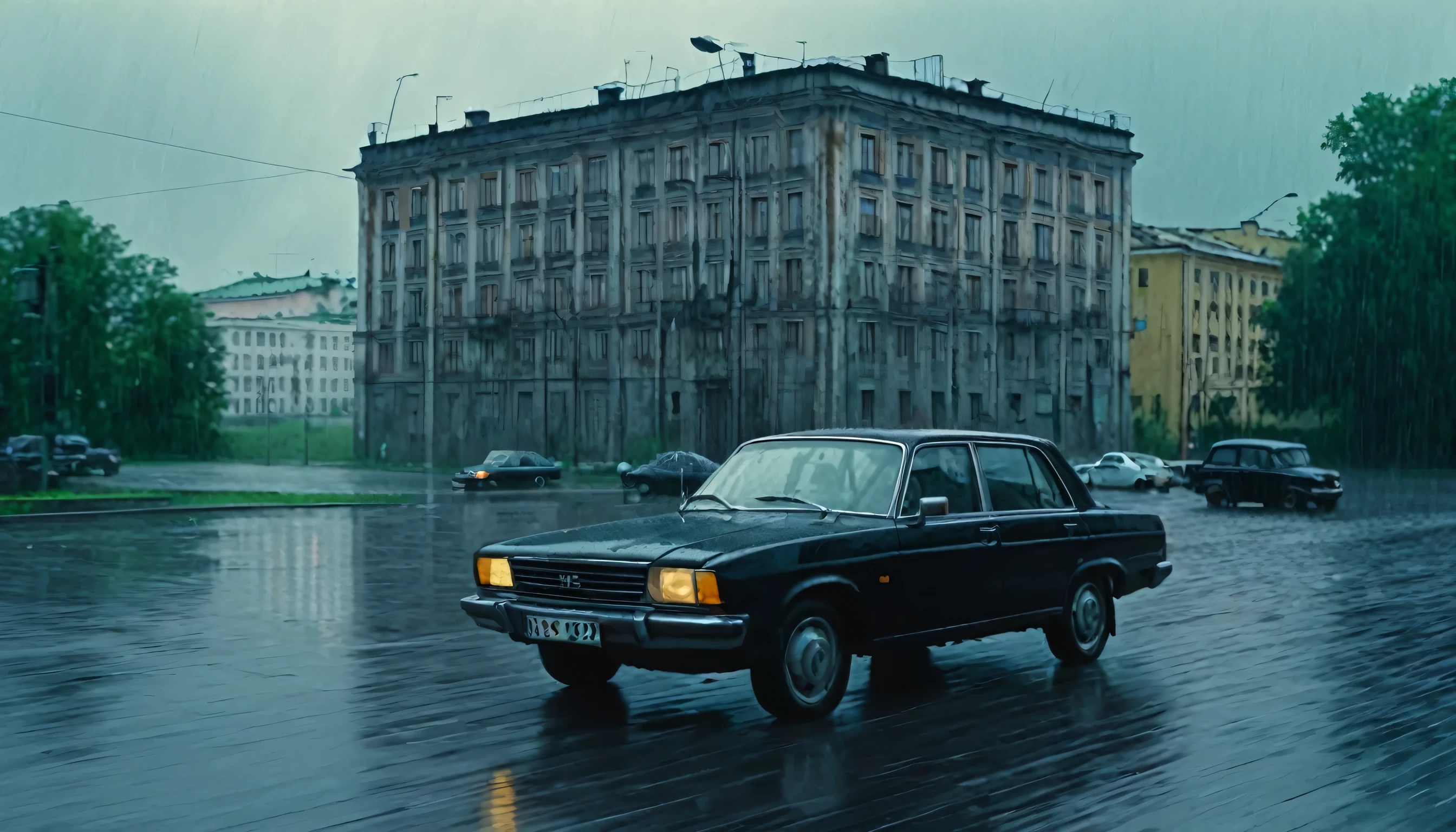 Black car from the 90s, driving against the background of old Soviet buildings, rain, rainy weather, rain, cinematic scene, cloudy weather