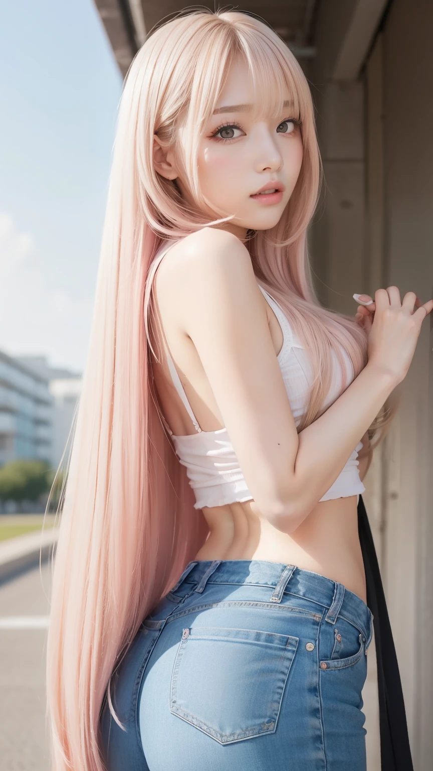 Sexy big ,18 year old beautiful girl is sexy＆looks cute & Cute beautiful sexy face, A strong wind blows my hair in front of my face,Beautiful super long pink metallic blonde straight hair and、Beautiful, cute and sexy eyes hidden behind long bangs