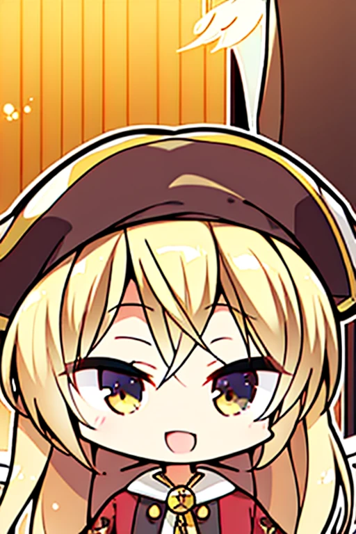 perfect face, perfect hands.. A blonde haired female angel with hazel eyes and golden wings in a conservative pirate captain's outfit is shopping in the market of a pirate city with a big smile