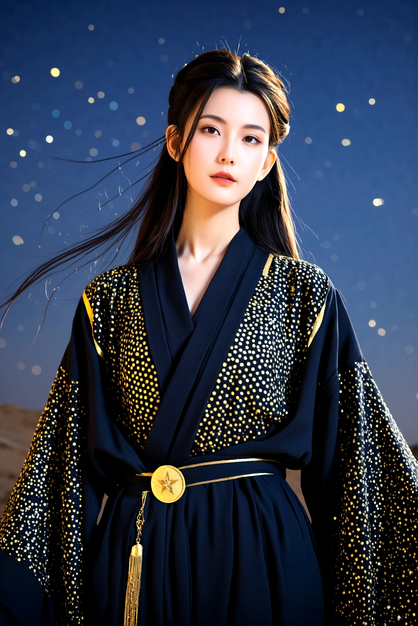 Dark ancient robe，Dotted with golden stars，Sophisticated attire，Long hair，female，Astrologer，1.85 meters