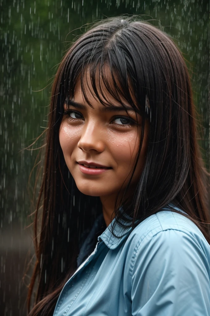 Tears streamed down the face of a beautiful girl in the rain.