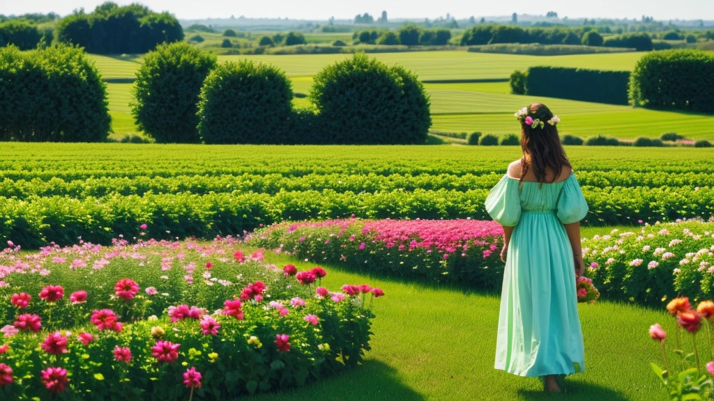 Green pastures, a garden of Eden, people in the background picking fruit and flowers, fields of flowers, the sun rising, beautiful scenery, happiness and peace,