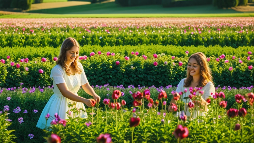 Green pastures, a garden of Eden, people in the background picking fruit and flowers, fields of flowers, the sun rising, beautiful scenery, happiness and peace,