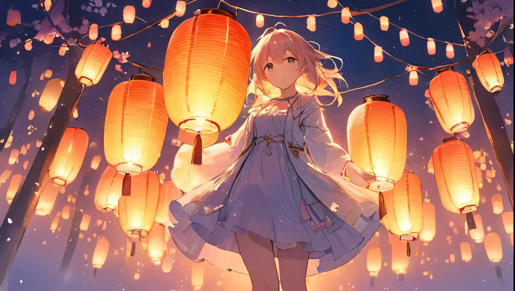 A girl, Luminous design, Pastel colors, Ink drops, Spring lanterns,whole body,background