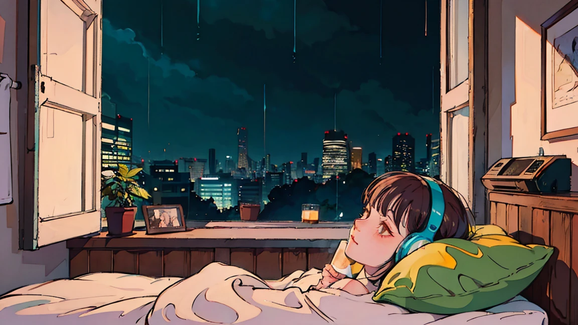 Lofi Song, Sitting on the bed. Looking out the window, Drink coffee. Listening to music through headphones, Looking out the window and seeing the rain falling
