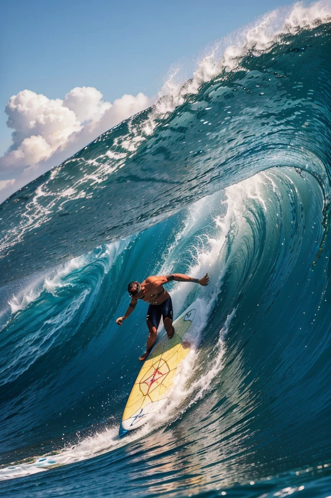 create modern surfing photos: one person swims out on a surfboard from the middle of a tall beautiful powerful wave Use bright and attractive colors.
Target audience: People, passionate about travel, extreme sports and adventure. average person