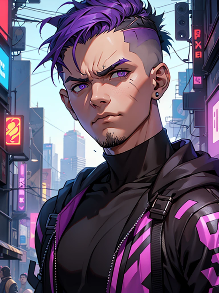 Boy;  short hair; undercut; black ans purple hair; smokes; looks pissed; cyberpunk