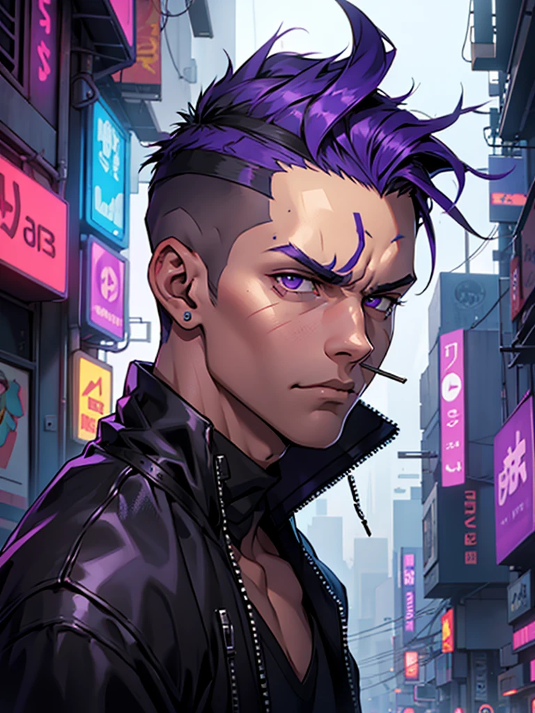 Boy; short hair; undercut; black ans purple hair; smokes; looks pissed; cyberpunk