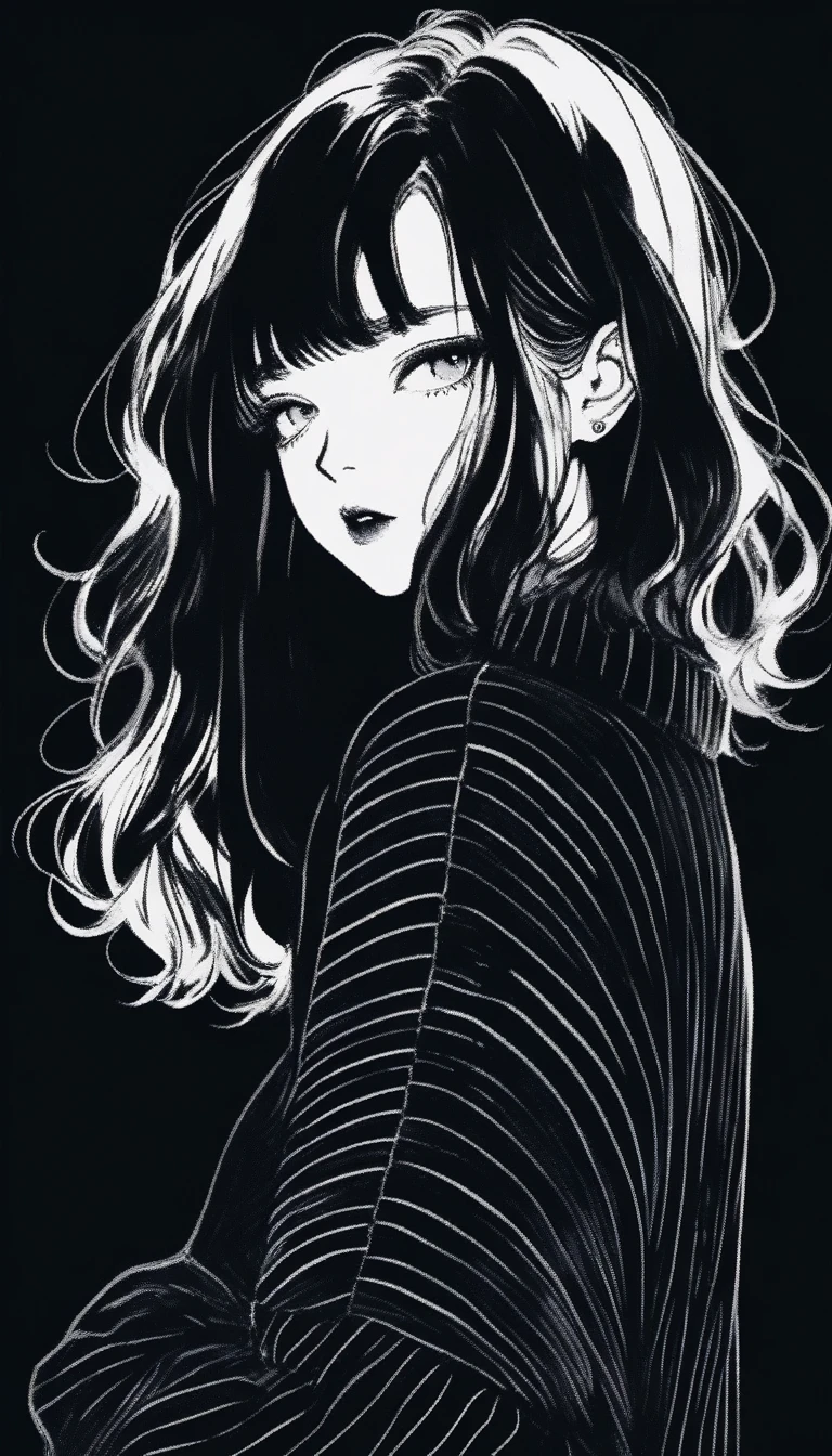 (Highest quality, sketch:1.2), Dark monochrome background, Japanese Manga,Illustrator,Japanese Manga,1 Girl, Delicate lips,sweater,custom,background completely black, Neon Hair,Texture Clipping,Canadian, masterpiece, style: Retro Classic, 深いblack, art, sketch book, (blackのボブヘア:1.35, black:1.55), bad woman