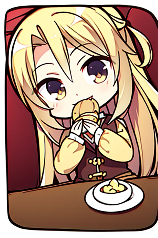 perfect face, perfect hands.. A blonde haired female angel with hazel eyes and golden wings in a conservative pirate captain's outfit is eating dinner in a tavern with a big smile