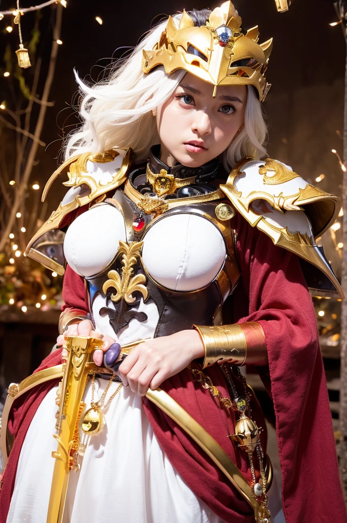 (masutepiece), Professional , masterpiece、top-quality、photos realistic , depth of fields ,(Wind element),close-up,dream magical,tornado,Lightning,(Gemstone Gold Jewel Body:1.6),(Matte White、Jewel Gold Weapon_、(Metal:1.4),Gorgeous Jewel Metal Weapons ,(( Detailed Sword of the Brave)) ,(Stand in front of the dragon)、 Castle background ,warhammer 40k , adepta sororitas,Wear a gorgeous jewel helmet with attention to detail、Brown hair、((Gangle's forest background))、Beautiful Caucasian beauty、1a person、dynamic ungle,(((Legendary Armor Jewelry Helmet)))、cleavage of the breast、Battle Pose、Mystical expression、(((big breasts)))、cleavage、18 year old princess
