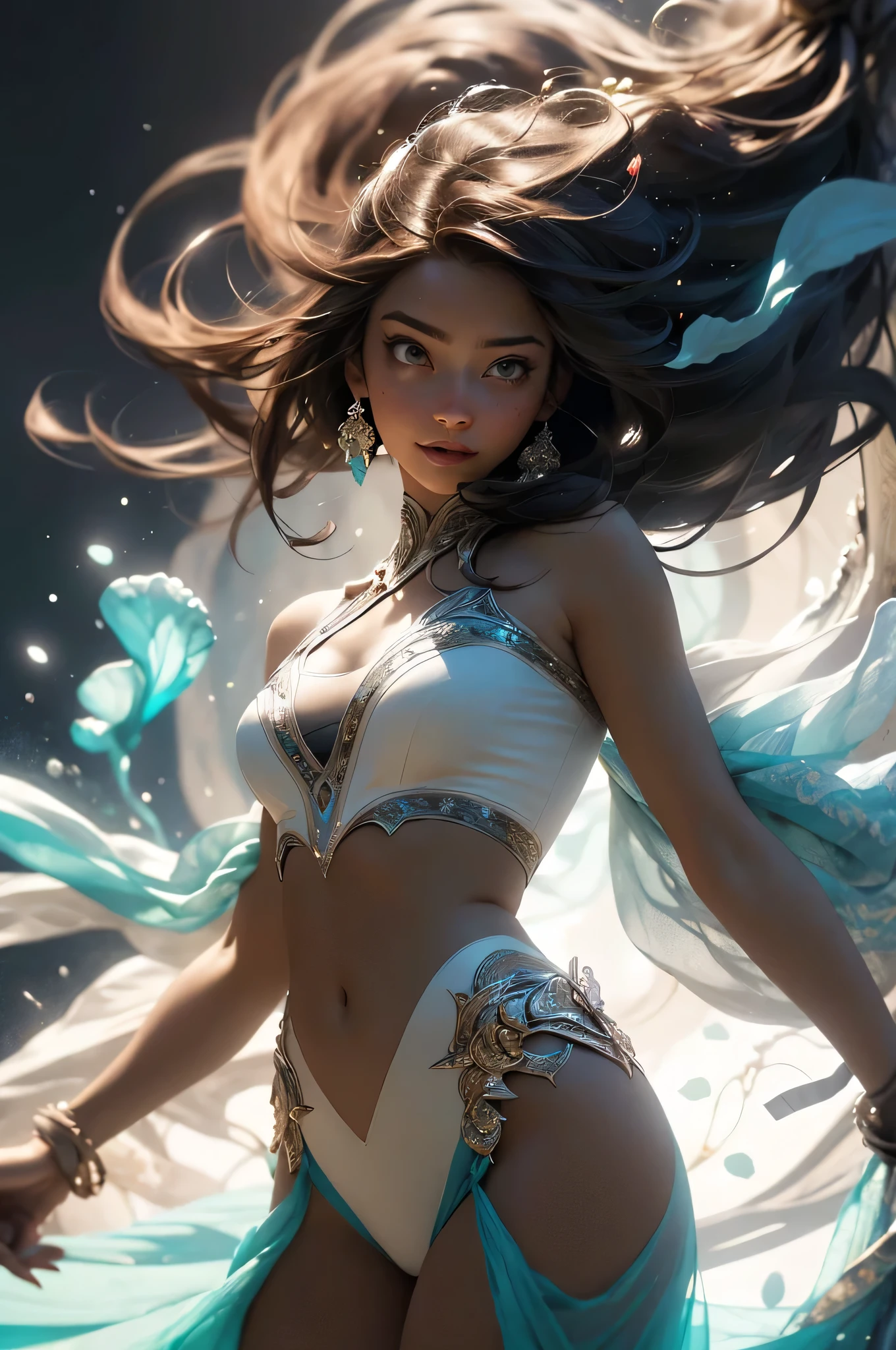 Full body shot, ((masterpiece))), (((best quality))), ((ultra-detailed)), (hyperrealistic), (highly detailed CG illustration), ((an extremely delicate and beautiful)),cinematic light, Create a stunning anime artwork that is currently trending on ArtStation, showcasing exquisite beauty and captivating aesthetics.
The character in the artwork is a graceful and enchanting figure, young, radiating an aura of elegance. Pay close attention to intricate facial features, such as mesmerizing eyes with vibrant colors and delicate shading. Hair (((Light brown hair, long free flowing hair, floating in the air, wrapped around her))).
The character's clothing should be designed with elaborate patterns, flowing see-through fabrics, and rich textures, reflecting a blend of fantasy and contemporary fashion. transparent clothing, bare chest, cleavage, bare stomach, bare shoulders. turquoise, black and white colour scheme. dramatic lighting, light particles.
Place the character in a captivating ethereal environment that enhances the overall appeal of the artwork. a mystical realm filled with magical elements. Incorporate vibrant colors, dynamic lighting, and detailed background elements to create a sense of depth and immersion. action pose. growling face.
Consider the latest trends in anime art, such as incorporating unique lighting effects, exploring creative composition techniques, or experimenting with unconventional color palettes. A dragon circles behind her
Take inspiration from the top artists on ArtStation and their exceptional execution of various art styles and themes. Camera: Choose an angle that highlights the character's beauty and the immersive environment. Lighting: Utilize atmospheric lighting techniques to create depth and mood. Resolution: Aim for a high-resolution artwork to showcase intricate details and clarity. Art Inspirations: Seek inspiration from the trending artists on ArtStation, exploring different styles, genres, and themes.