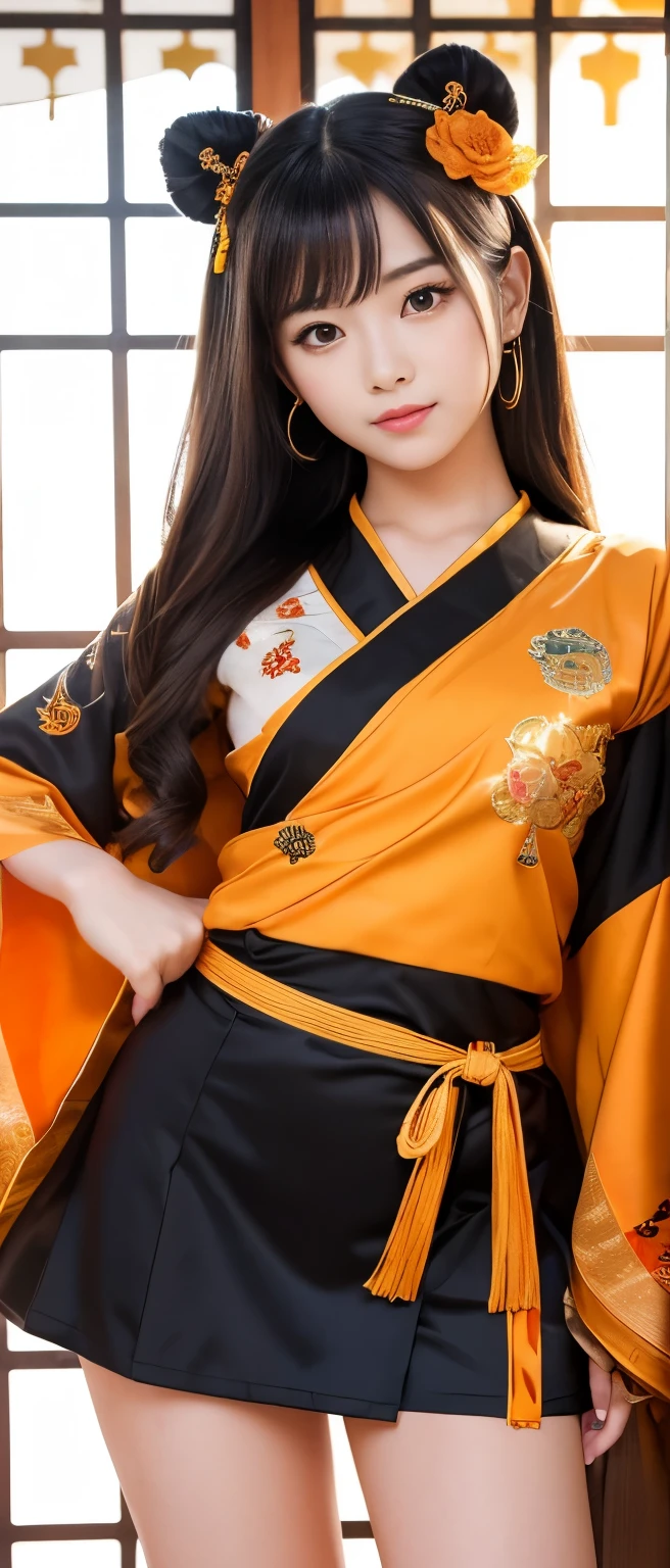A cute and mysterious idol girl、whole body、Good style、、、、、、、、、、Thick legs、、Gold orange and black armor mini kimono(Sun Embroidery)、Neat and clean idol face、、dawn、
