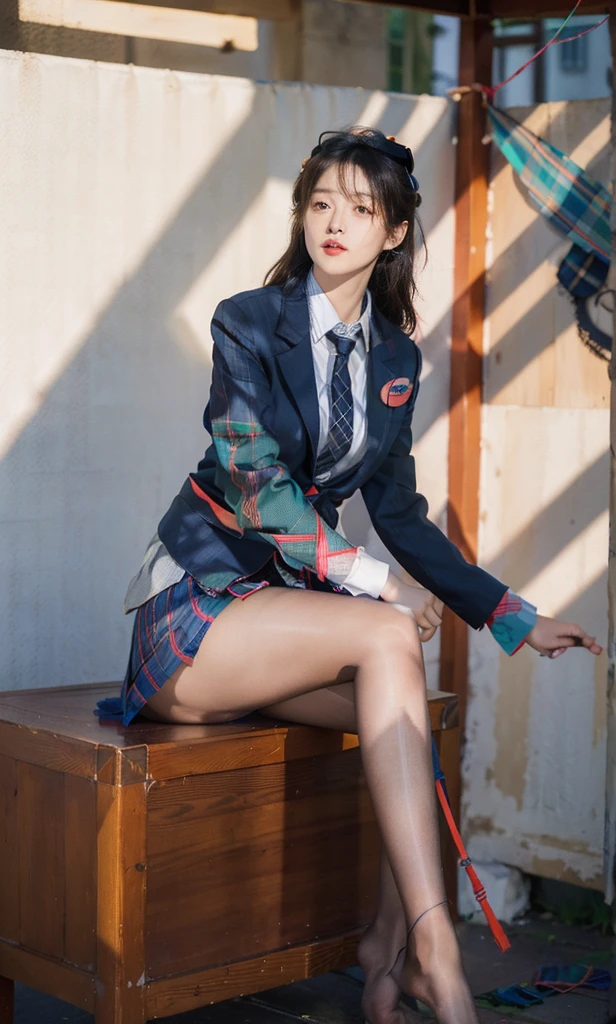 Ulzzang-6500-v1.1, (raw photo:1.2), (realistic:1.4), beautiful and detailed girl, very detailed eyes and face, beautiful detailed eyes, incredibly ridiculous, huge file size, very detailed, high resolution, very detailed, best quality, masterpiece, (((simple blazer))), (((pleated skirt))), (((The pattern of the skirt and tie is a tartan check pattern.:1.3))), illustration, very detailed, CG, unified, 8K wallpapers, amazing, fine details, masterpiece, best quality, very detailed CG uniform 8K wallpapers, my face shines, cinematic lighting, 1 woman, , ((dynamic pose))), (camel toe), (half), ((pantyhose)), ((Sit with your knees bent and your legs crossed.)), ((whole body))