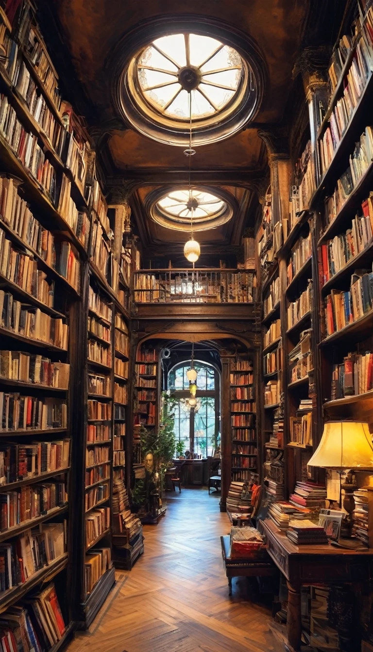 A magical shop interior with impossibly tall bookshelves stretching upwards