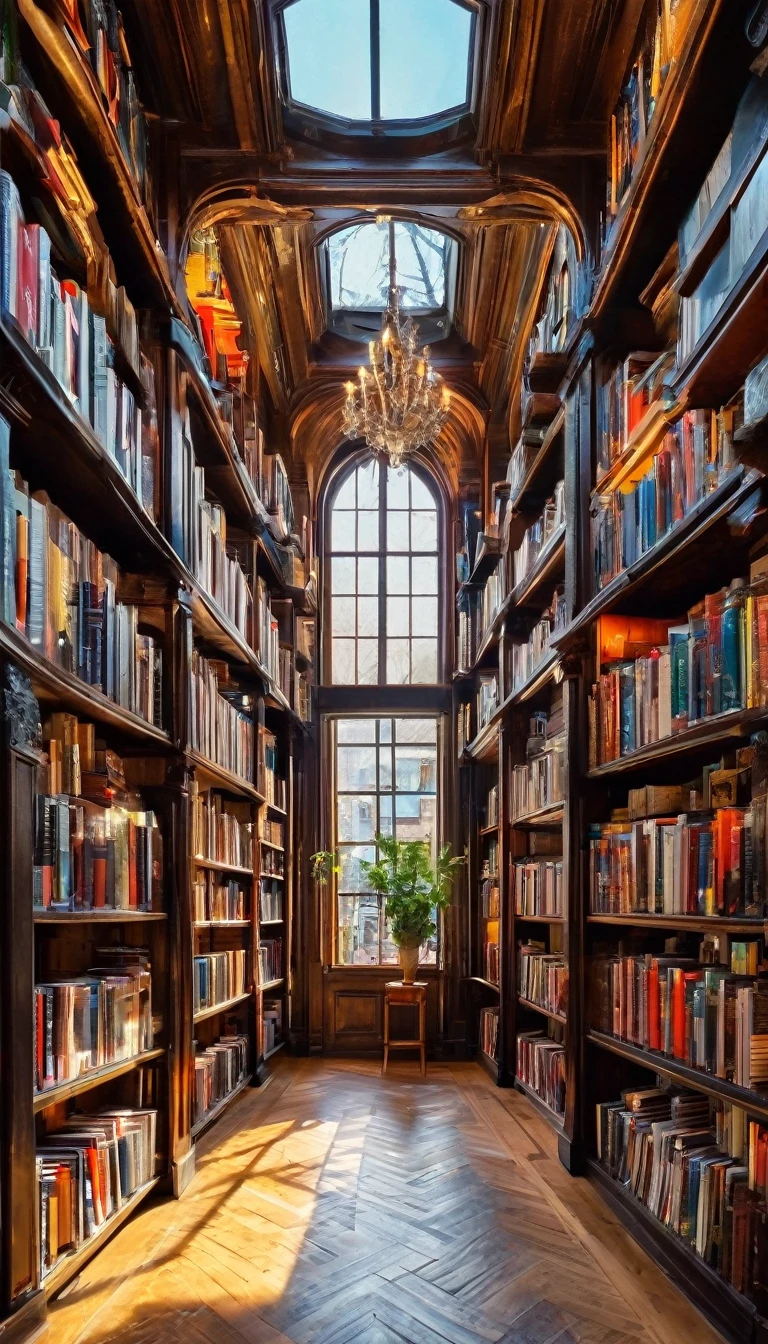 A magical shop interior with impossibly tall bookshelves stretching upwards
