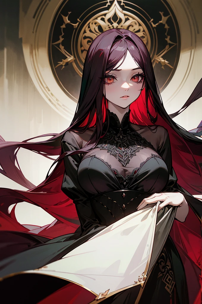 Beautiful adult girl, long straight burgundy hair, narrow green eyes, Long eyelashes, rich red and black palace dress, revealing clothes, big breasts, open bodice, deep neckline, Rich decorations, Dark background, pale picture, a lot of details, atmosphere of villainy, shine, uncertainty, disturbance