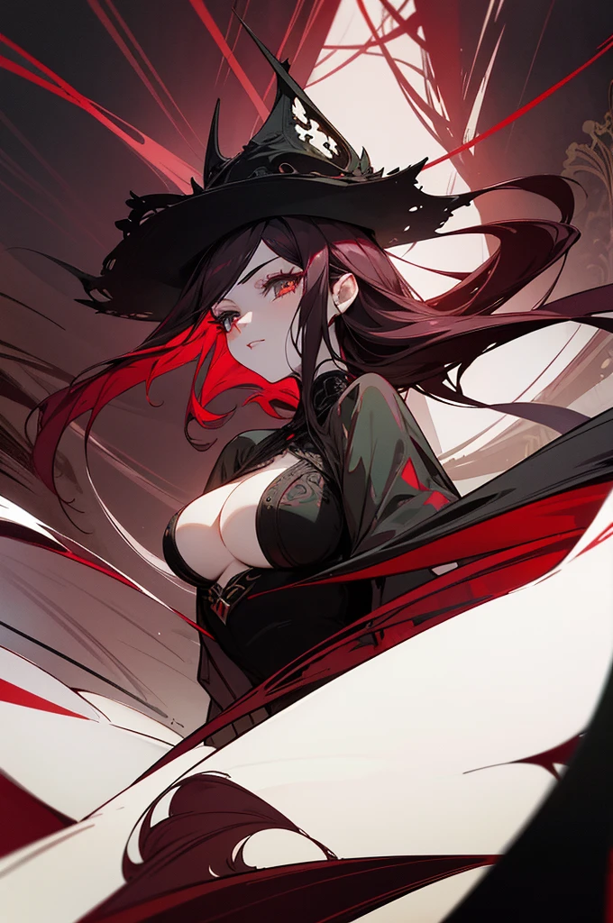 Beautiful adult girl, long straight burgundy hair, narrow green eyes, Long eyelashes, rich red and black palace dress, revealing clothes, big breasts, open bodice, deep neckline, Rich decorations, Dark background, pale picture, a lot of details, atmosphere of villainy, shine, uncertainty, disturbance