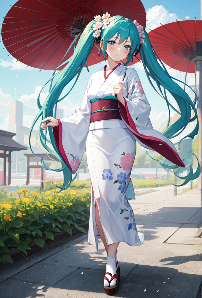 best quality, masterpiece, high resolution, solitary, (Hatsune_future_Blue File:1.10), 1 girl, Wide sleeves, Long sleeve, Looking at the audience, Heart, blush, flowering, Smile, Holding an umbrella, Oil-paper umbrella, outdoor, Floral, White Kimono, Residence, Printed Kimono, 14 ，Dance，full-body shot