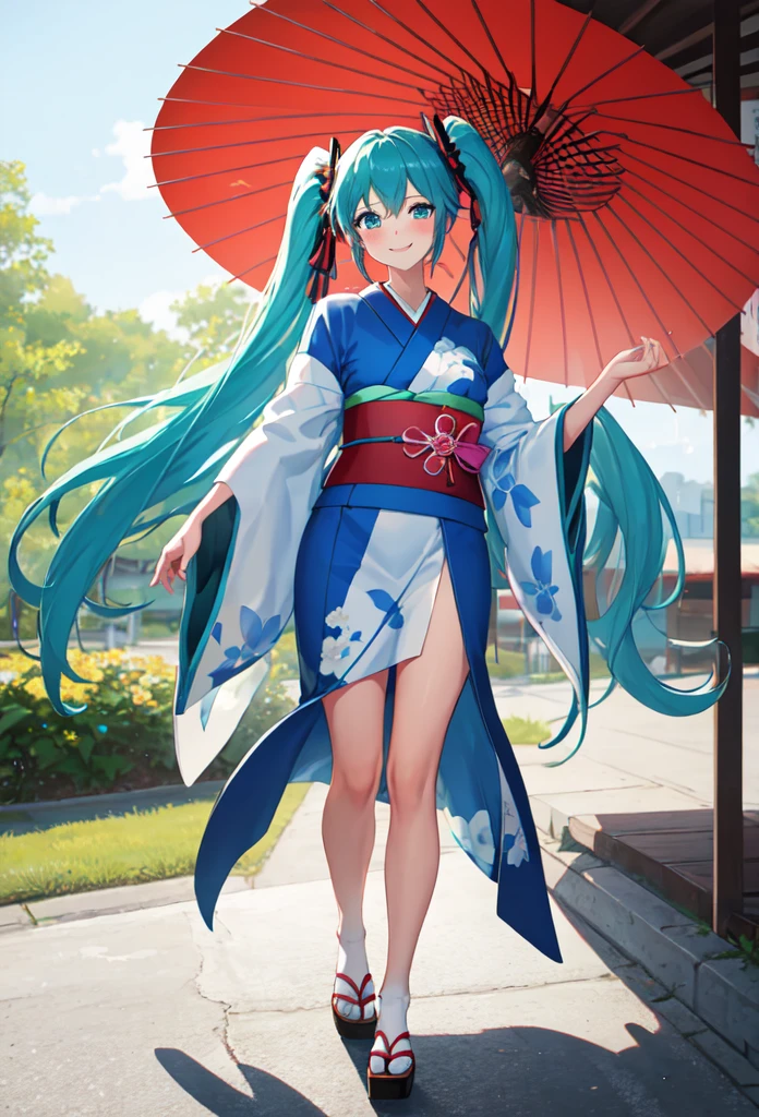best quality, masterpiece, high resolution, solitary, (Hatsune_future_Blue File:1.10), 1 girl, Wide sleeves, Long sleeve, Looking at the audience, Heart, blush, flowering, Smile, Holding an umbrella, Oil-paper umbrella, outdoor, Floral, White Kimono, Residence, Printed Kimono,  ，Dance，full-body shot