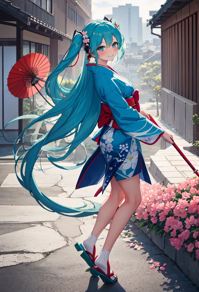 best quality, masterpiece, high resolution, solitary, (Hatsune_future_Blue File:1.10), 1 girl, Wide sleeves, Long sleeve, Looking at the audience, Heart, blush, flowering, Smile, Holding an umbrella, Oil-paper umbrella, outdoor, Floral, White Kimono, Residence, Printed Kimono, 14 ，Dance，full-body shot