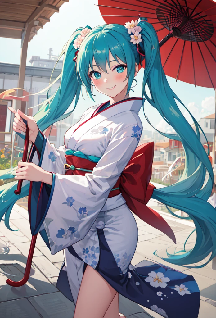 best quality, masterpiece, high resolution, solitary, (Hatsune_future_Blue File:1.10), 1 girl, Wide sleeves, Long sleeve, Looking at the audience, Heart, blush, flowering, Smile, Holding an umbrella, Oil-paper umbrella, outdoor, Floral, White Kimono, Residence, Printed Kimono, 14 ，Dance，full-body shot