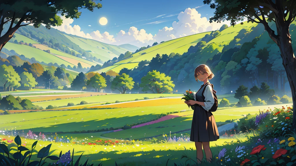Green pastures, a garden of Eden, people in the background picking fruit and flowers, fields of flowers, the sun rising, beautiful scenery, happiness and peace, draw comicbook style