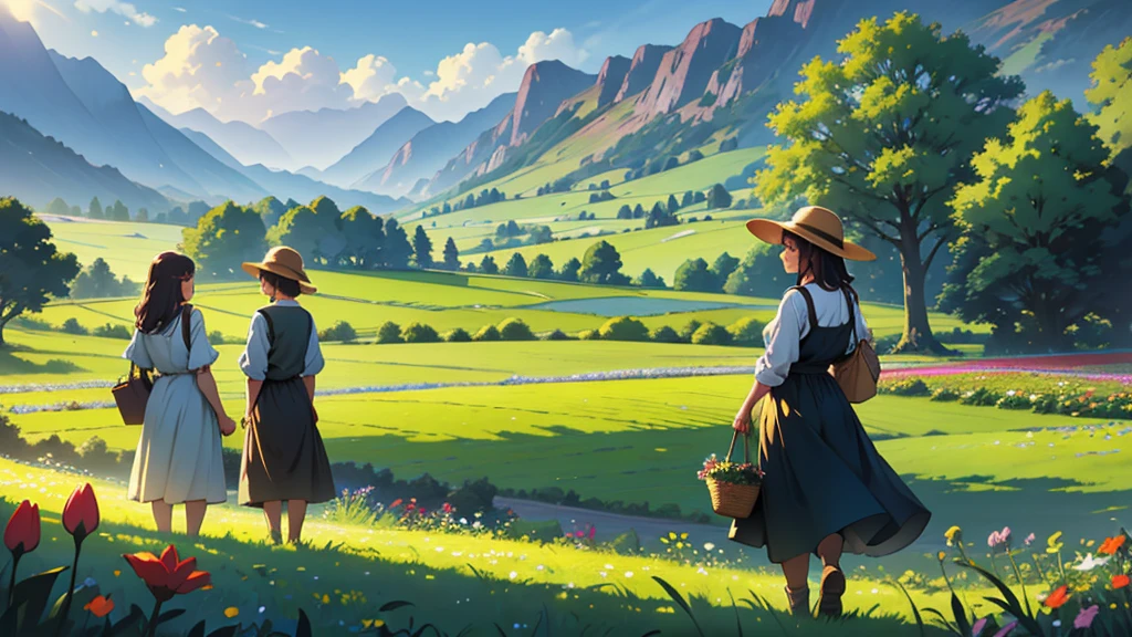 Green pastures, a garden of Eden, people in the background picking fruit and flowers, fields of flowers, the sun rising, beautiful scenery, happiness and peace, draw comicbook style