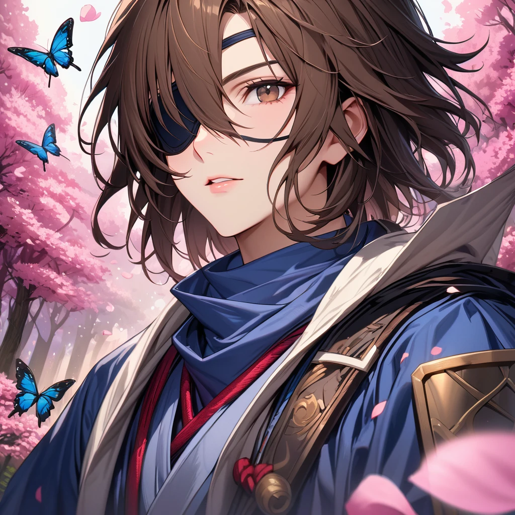 Super detailed, High resolution, Absurd, High resolution, Date Masamune, Brown medium hair, Hair between the eyes, Brown eyes, Black eyepatch, Sengoku BASARA, petal, good looking, Only 1 person, pink forest, butterfly, Blue clothes