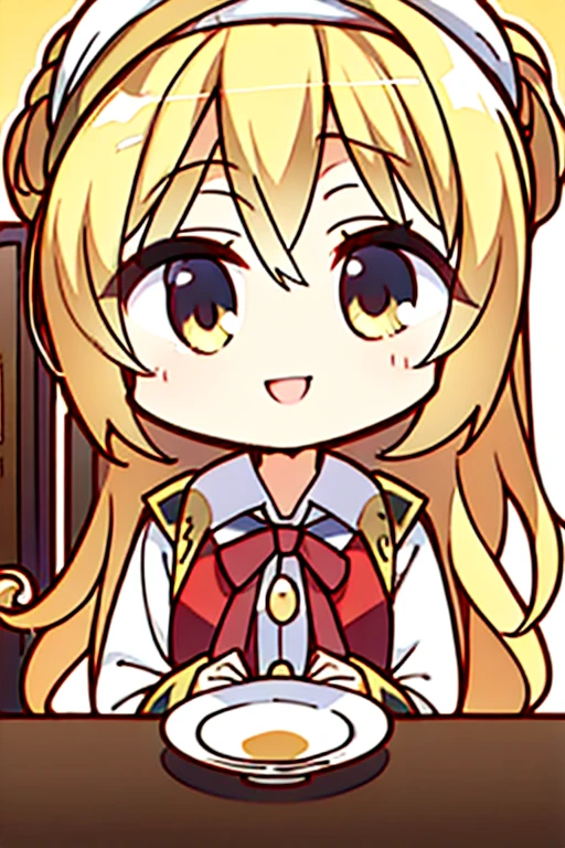 perfect face, perfect hands.. A blonde haired female angel with hazel eyes and golden wings in a conservative pirate captain's outfit is drinking tea at a bar in a pirate city with a big smile