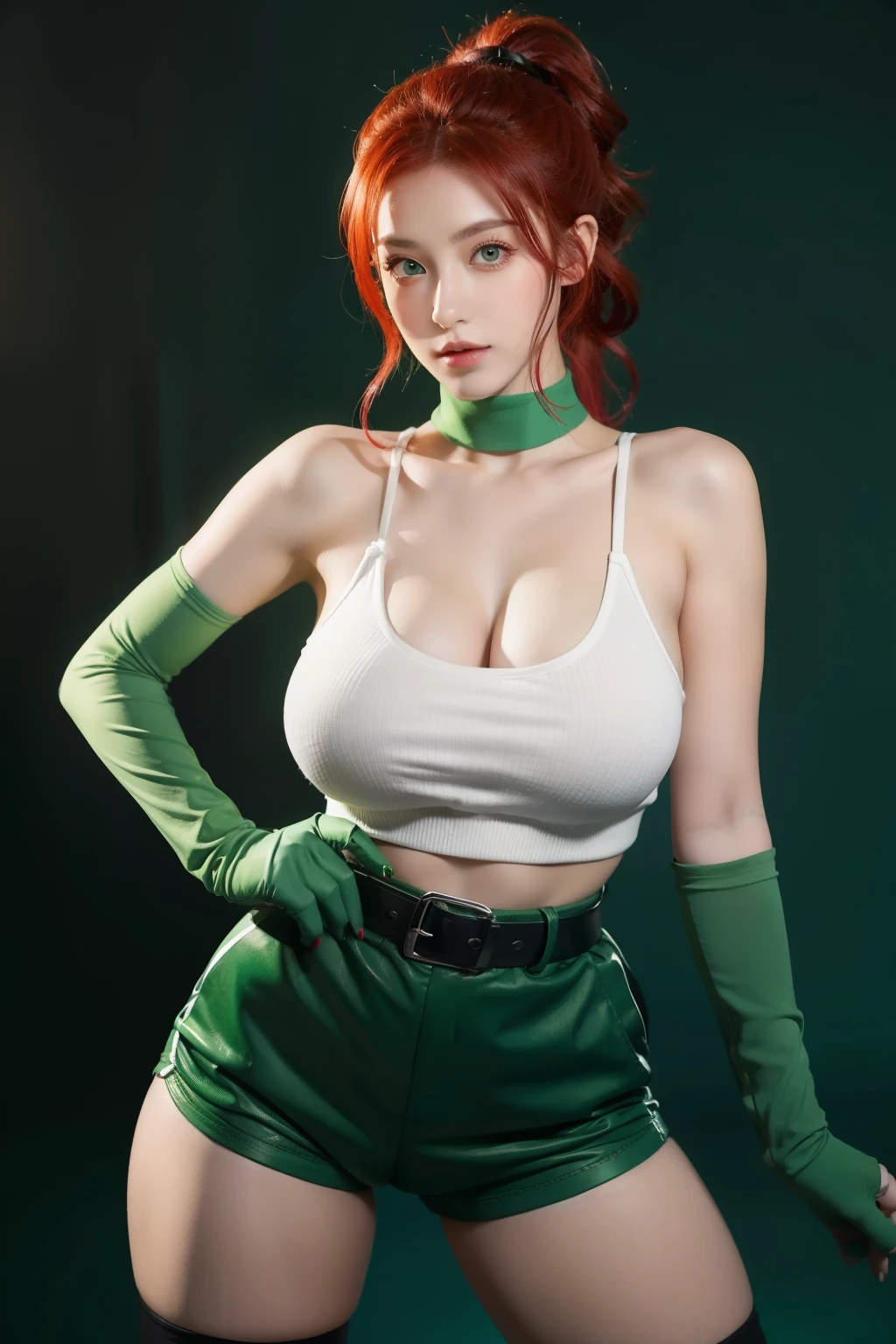 Cute girl, red hair, curly ponytail, green eyes, sexy features, big breasts, green gloves, black belt, short pants