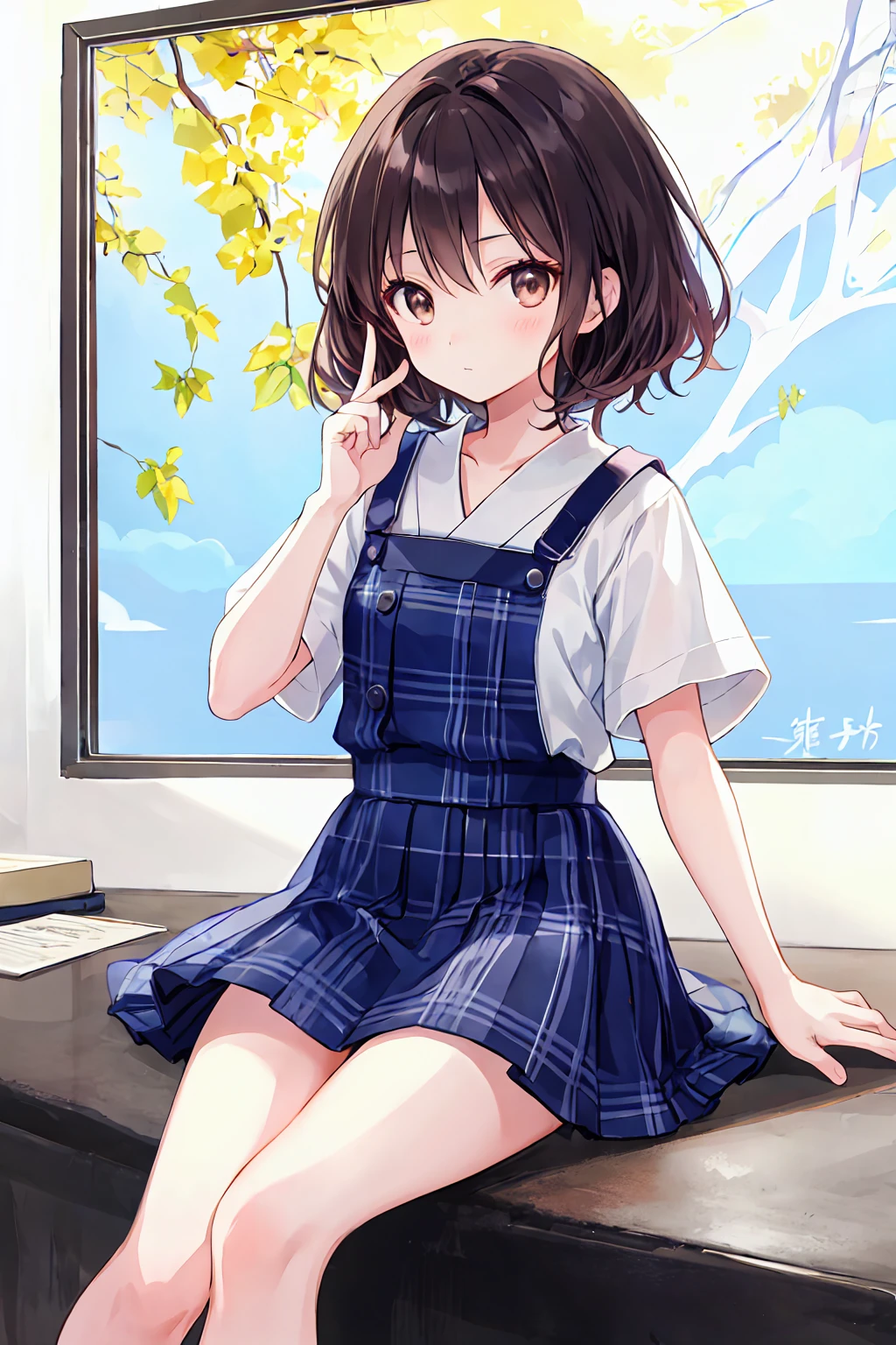 (child)，Highest quality，Beautiful face in every detail，cute，Dark brown eyes，(背の低いcute女の子，Little young student，Young and delicate girl）,（masterpiece，Highest quality)，Black Hair，Embarrassing，blush，Short sleeve white shirt，Plaid white skirt，Pitiful，Pitiful，Pitiful，Anatomically correct，Beautifully shaped feet，Shortcuts，Looking straight ahead