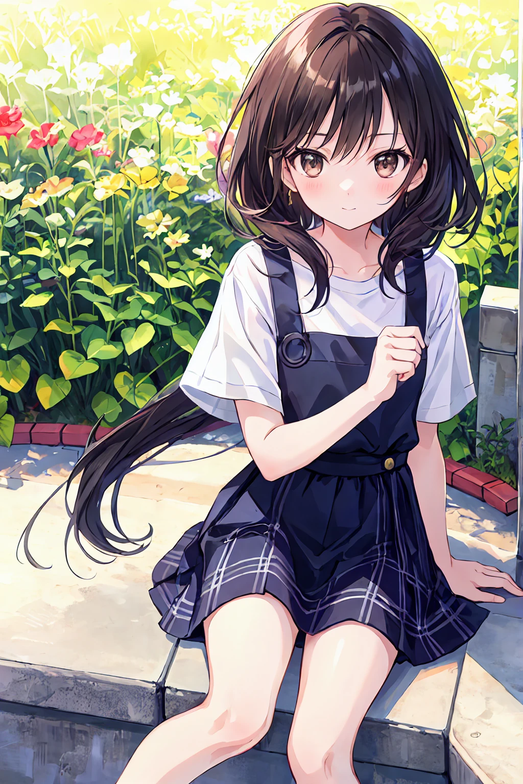 (child)，Highest quality，Beautiful face in every detail，cute，Dark brown eyes，(背の低いcute女の子，Little young student，Young and delicate girl）,（masterpiece，Highest quality)，Black Hair，Embarrassing，blush，Short sleeve white shirt，Plaid white skirt，Pitiful，Pitiful，Pitiful，Anatomically correct，Beautifully shaped feet，Shortcuts，Looking straight ahead