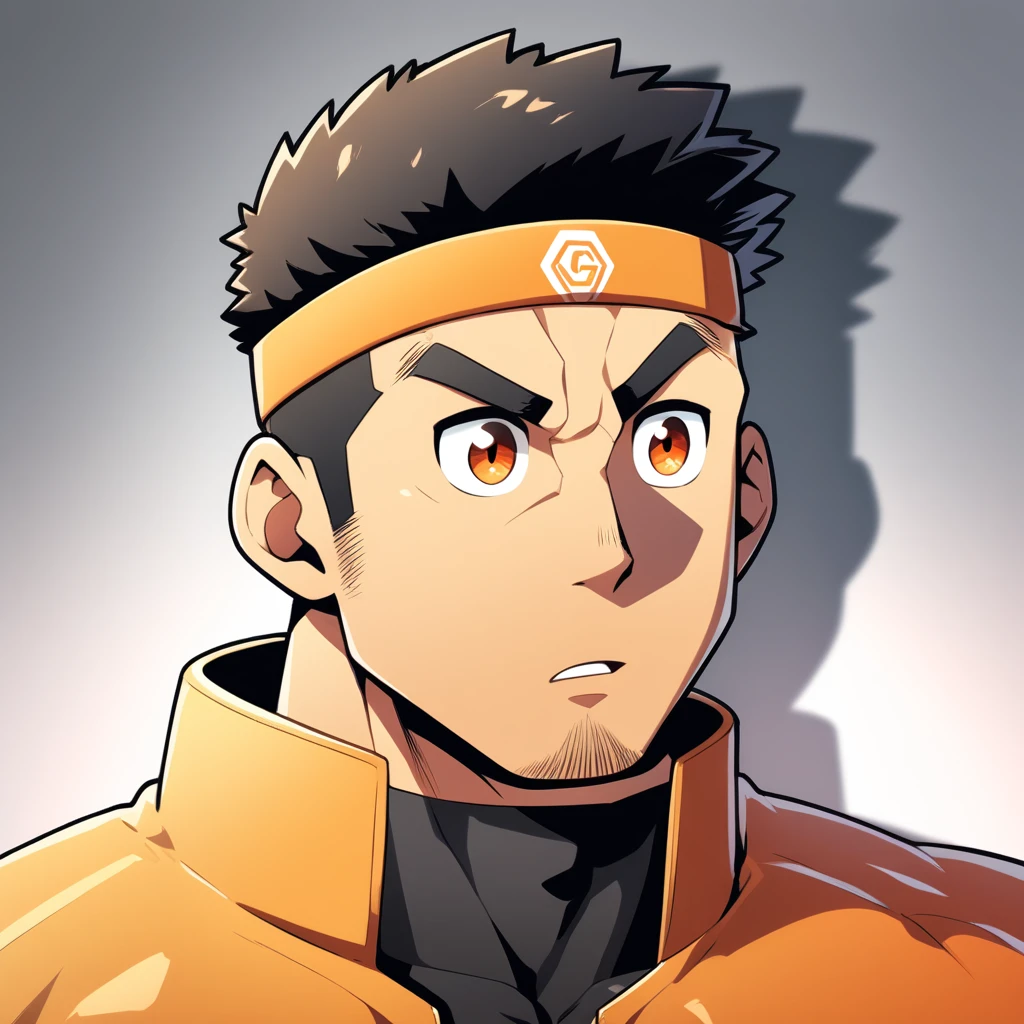 anime characters：Gyee, Muscle Sports Student, Manliness, sports headband, male focus, Cute boy with big eyes, Brown high collar long sleeve tight T-shirt, Slightly transparent material, Very tight, Round, full and perky chest muscles, Slightly transparent, muscular male, muscular, only, Upper body, alone, Black short hair, Thick eyebrows, stubble, Cute little eyes, Brown-red pupils, Grey background, simple background, amazing quality, best aesthetics, Ridiculous, crew cut, parted lips, v-shaped eyebrows, jitome, drop shadow, best quality