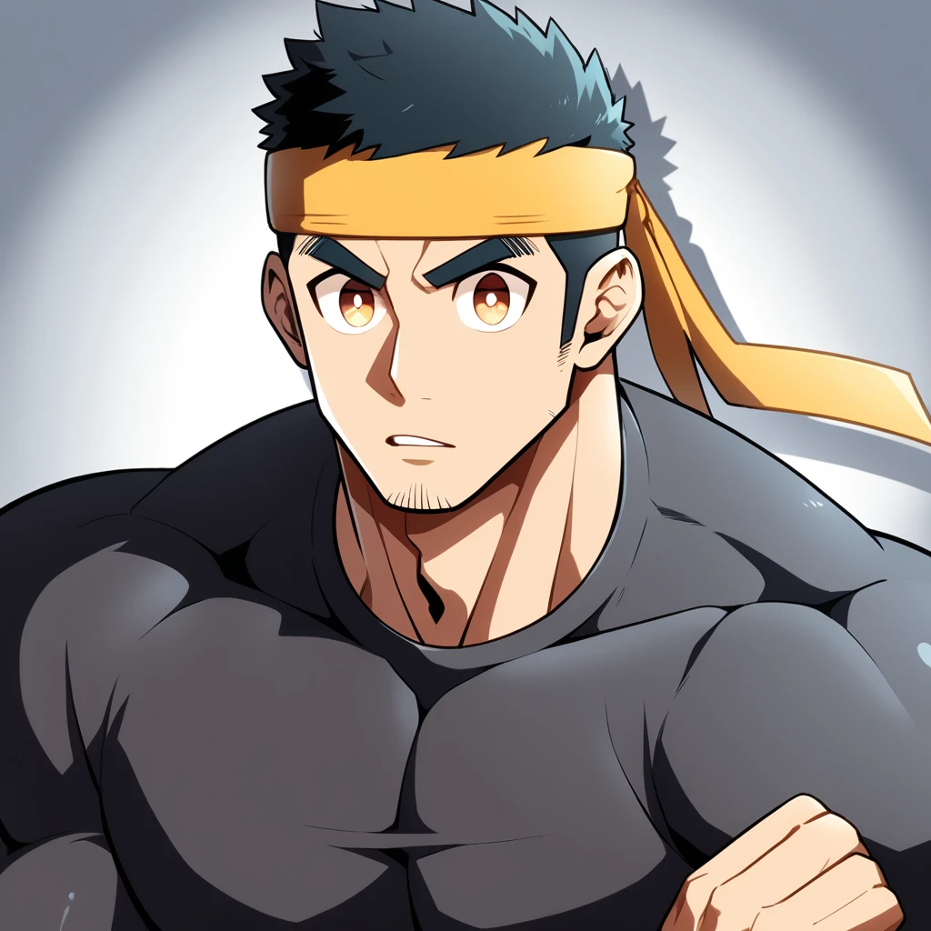 anime characters:Gyee, Muscle Sports Student, Manliness, sports headband, male focus, Cute boy with big eyes, Brown high collar long sleeve tight T-shirt, Slightly transparent material, Very tight, Round, full and perky chest muscles, Slightly transparent, muscular male, muscular, only, Upper body, alone, Black short hair, Thick eyebrows, stubble, Cute little eyes, Brown-red pupils, Grey background, simple background, amazing quality, best aesthetics, Ridiculous, crew cut, parted lips, v-shaped eyebrows, jitome, drop shadow, best quality
