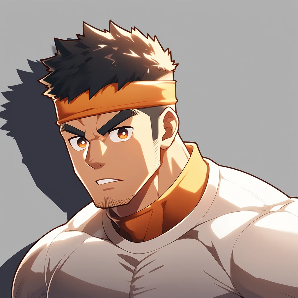 anime characters:Gyee, Muscle Sports Student, Manliness, sports headband, male focus, Cute boy with big eyes, Brown high collar long sleeve tight T-shirt, Slightly transparent material, Very tight, Round, full and perky chest muscles, Slightly transparent, muscular male, muscular, only, Upper body, alone, Black short hair, Thick eyebrows, stubble, Cute little eyes, Brown-red pupils, Grey background, simple background, amazing quality, best aesthetics, Ridiculous, crew cut, parted lips, v-shaped eyebrows, jitome, drop shadow, best quality