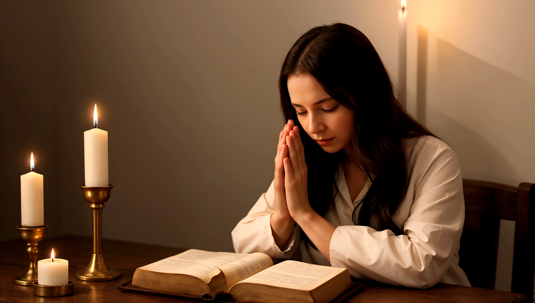 a woman praying with her hands crossed, in front of a candle, and a bible in front